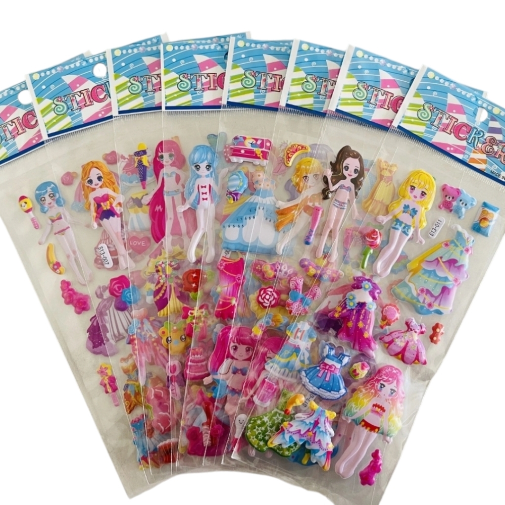 2 Packs 3D Cartoon Dress-Up Girl Puffy Stickers Adorable PVC Bubbles for Kids